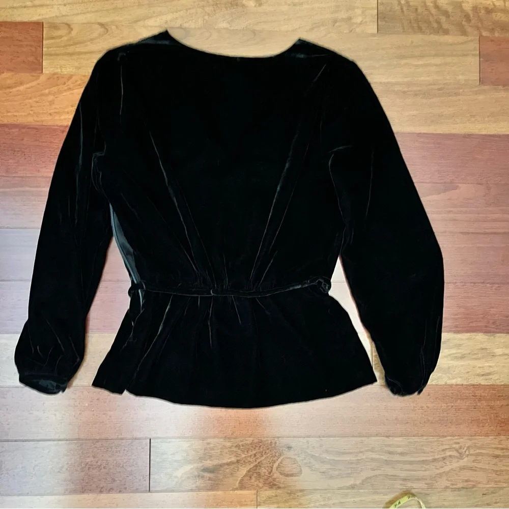 J. Crew Black Faux Wrap Top in Drapey Velvet Womens Size 2 Long Sleeve Tie Waist